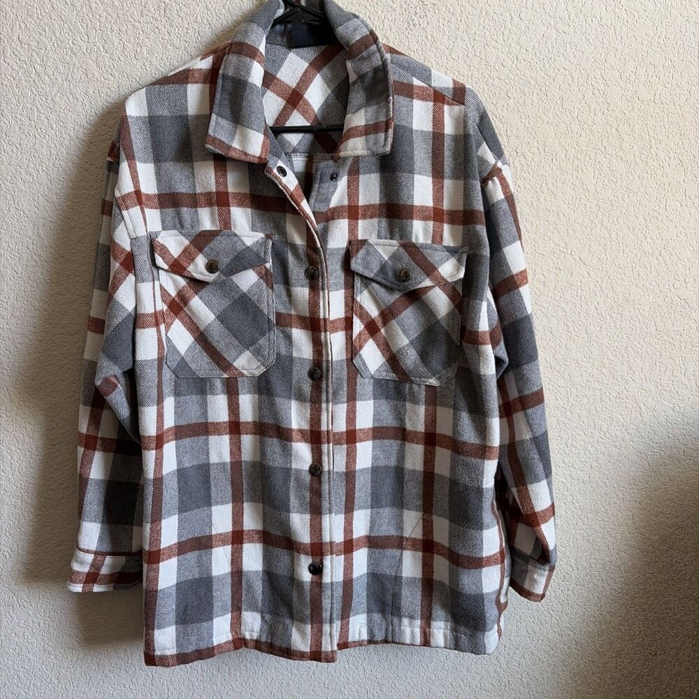 HFX Flannel Fleece Shacket Shirt Jacket Plaid Brown Snap M Mens Lumberjack